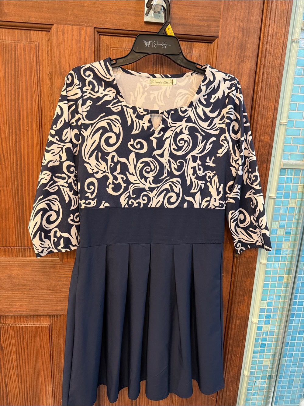 Navy and White Patterned Fit-and-Flare Dress